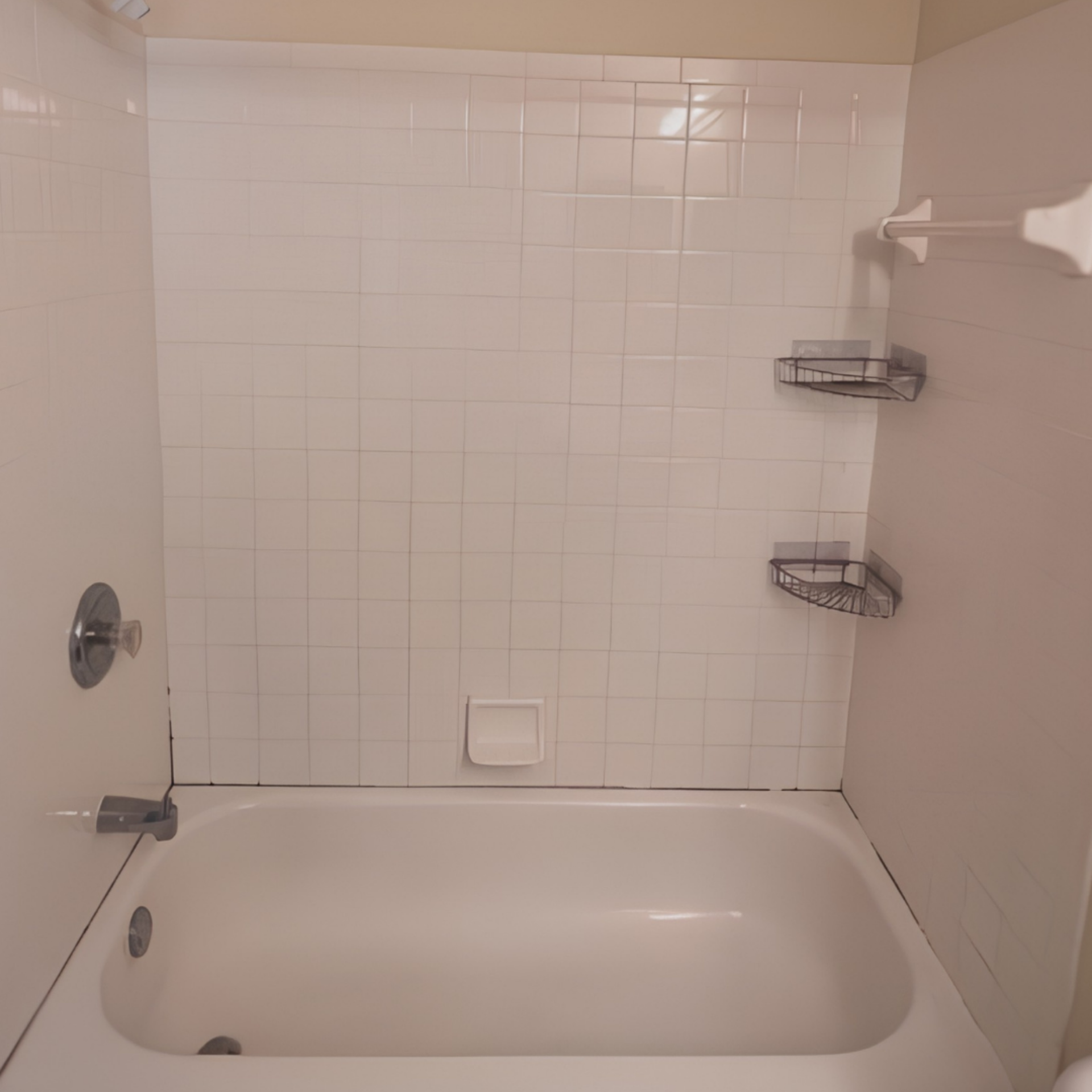 Small white bathtub with tiled shower walls and two wire corner shelves.