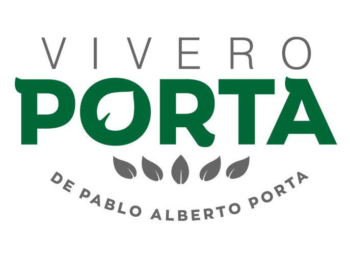 Logotipo para Vivero Porta, texto verde y gris, una hoja en la O y hojas en la parte inferior.