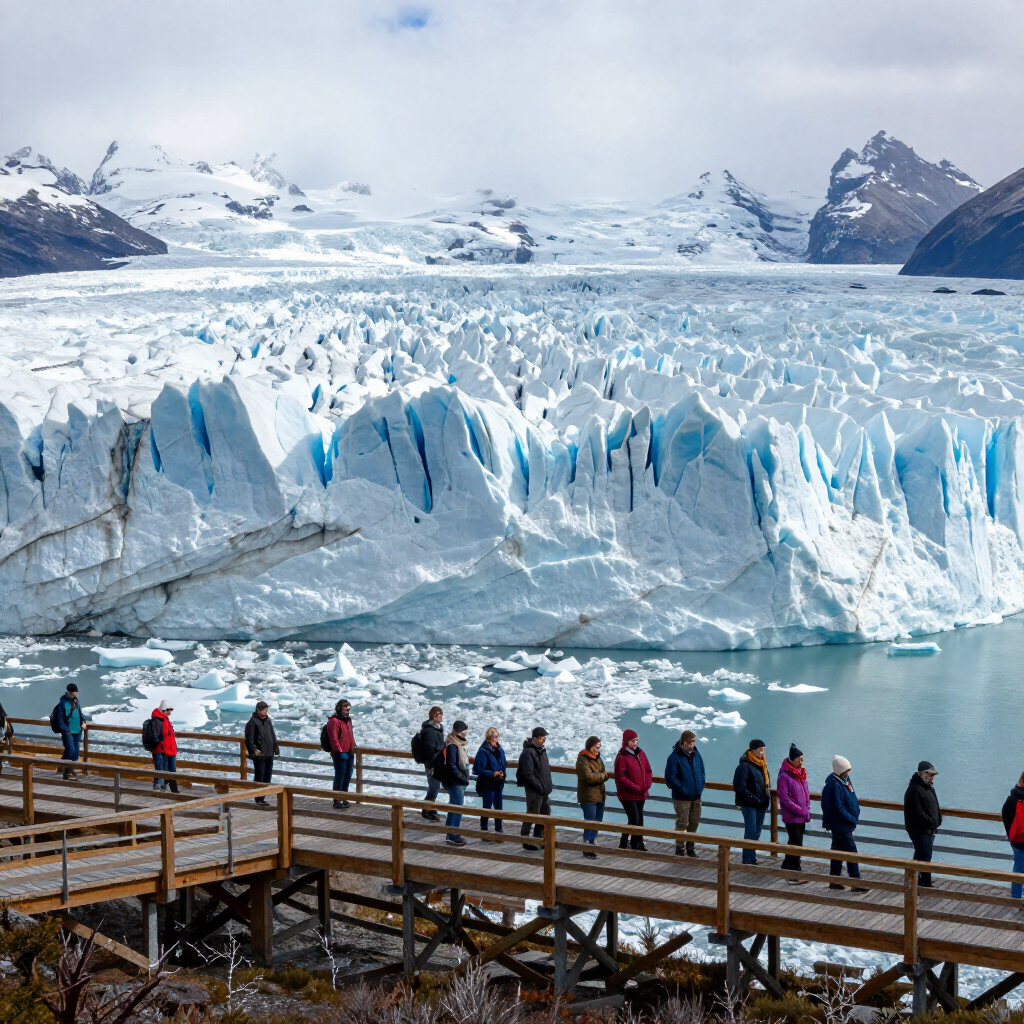 Los turistas caminan por pasarelas de madera con vistas al gélido glaciar azul Perito Moreno en la Patagonia argentina.