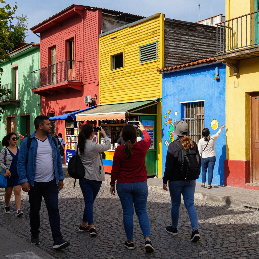 En Buenos Aires, la gente camina por una calle empedrada bordeada de edificios de colores brillantes: rojo, amarillo y azul.
