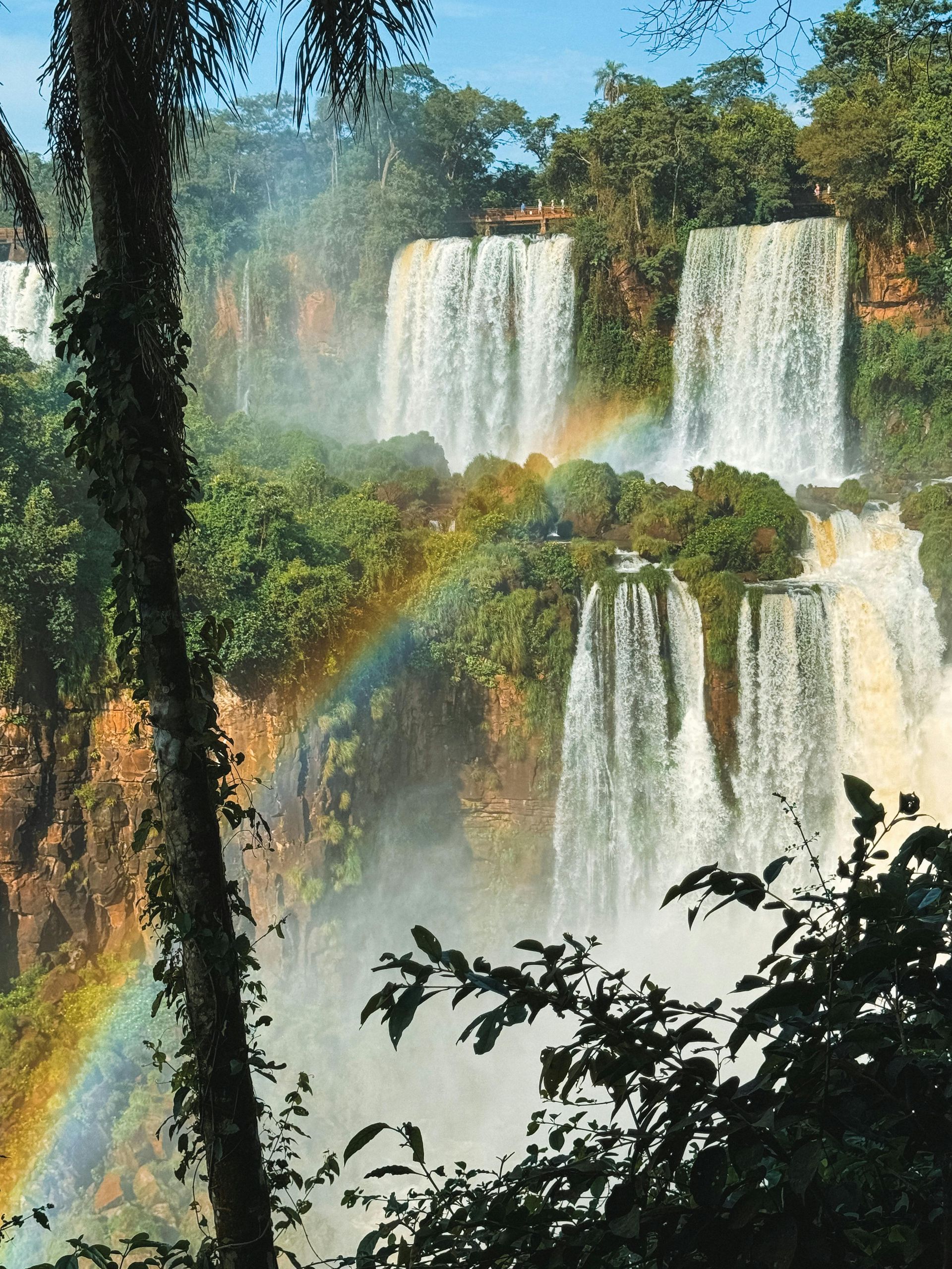 Cascadas en caída libre rodeadas de exuberante vegetación, con un vibrante arcoíris que se arquea entre la niebla.