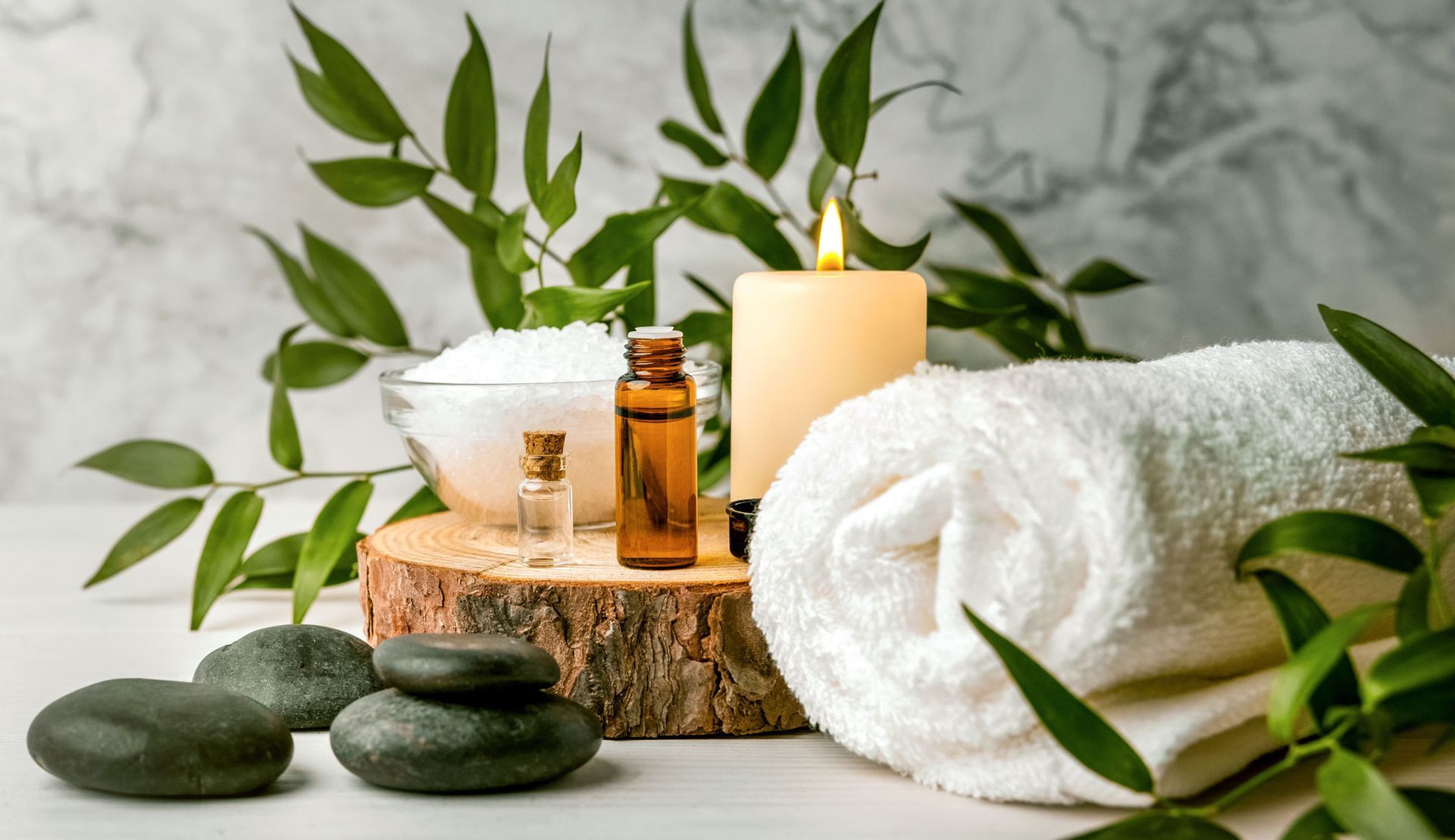 Beauty treatment items for spa procedures on white wooden table. Beauty treatment items for spa procedures on white wooden table.