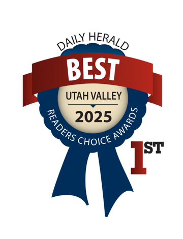 Daily Herald Best of Utah Valley Readers' Choice Awards logo, 2025. Blue ribbon with red banner; 