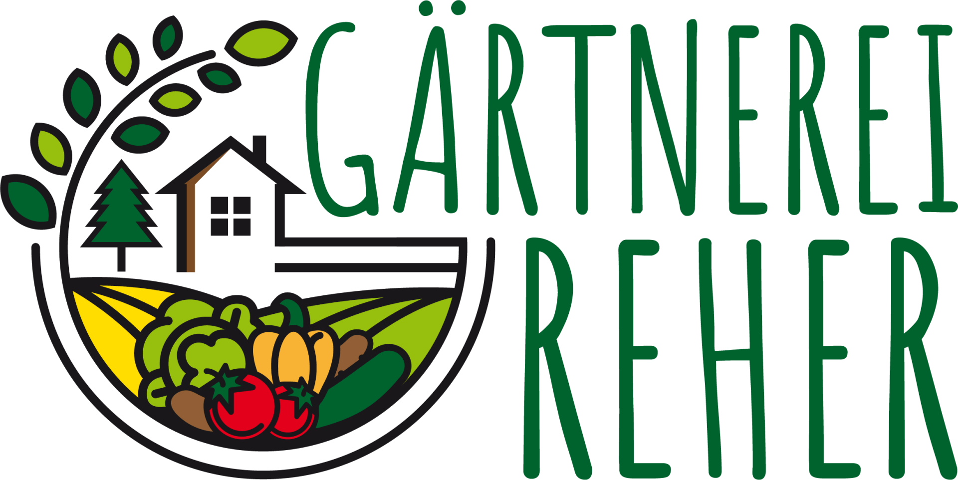 Ein Logo für die Gartenerei Reher mit einem Haus und Gemüse
