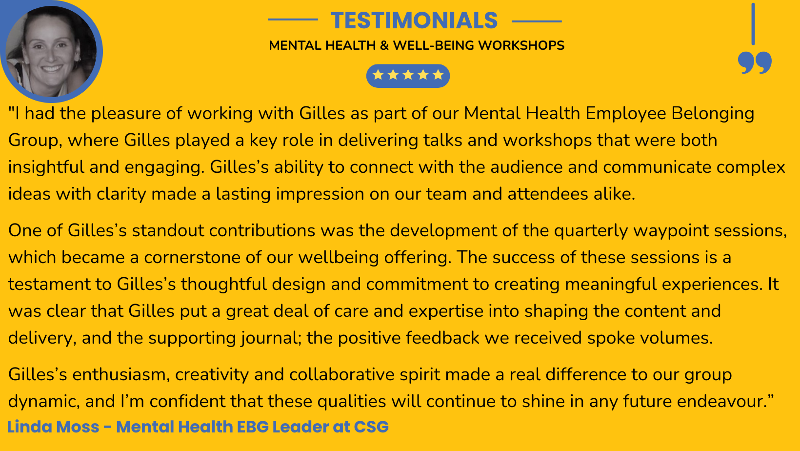 Insightful leadership workshops, impactful wellbeing sessions, and a  approach that created lasting value and engagement.
