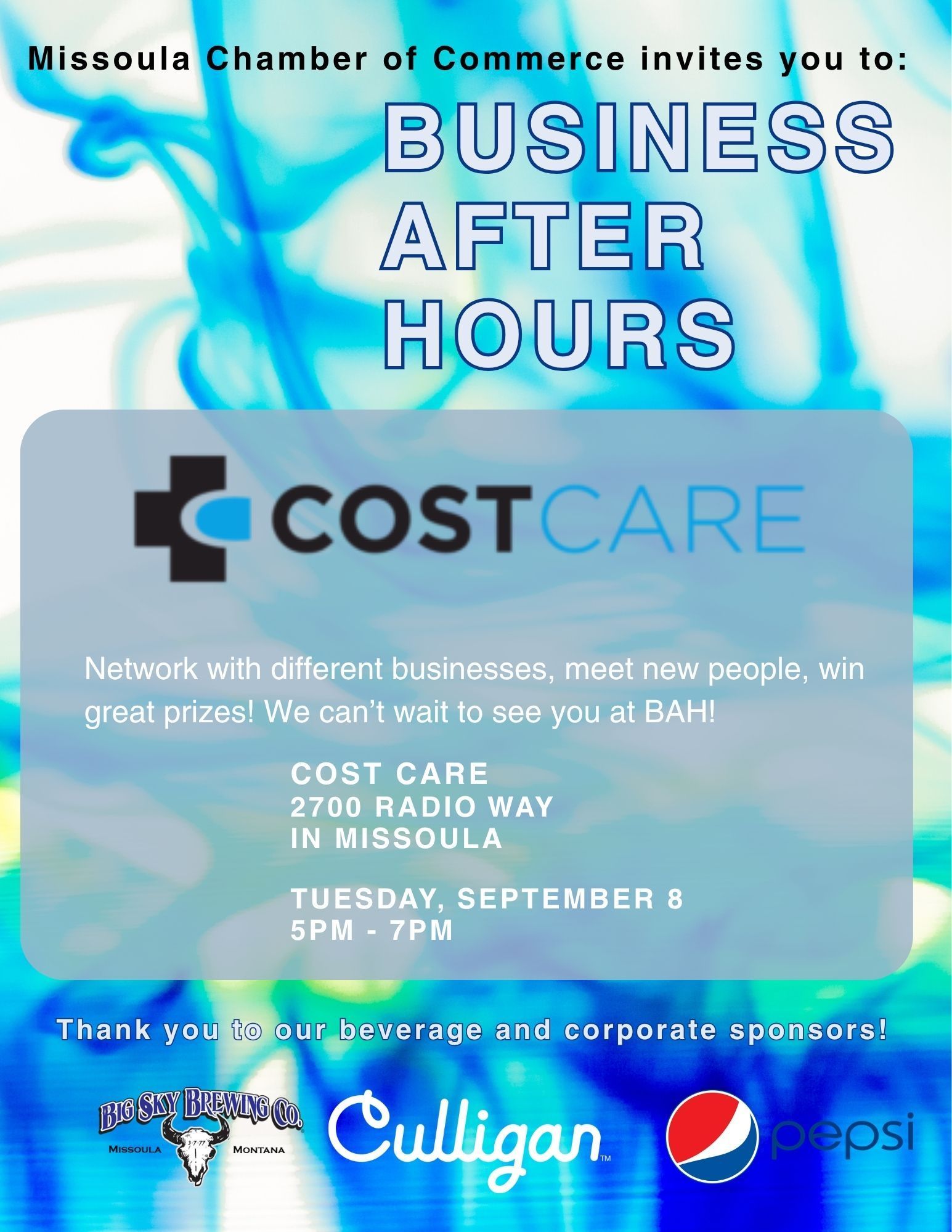 A business after hours flyer hosted at the First Security Bank in Missoula.