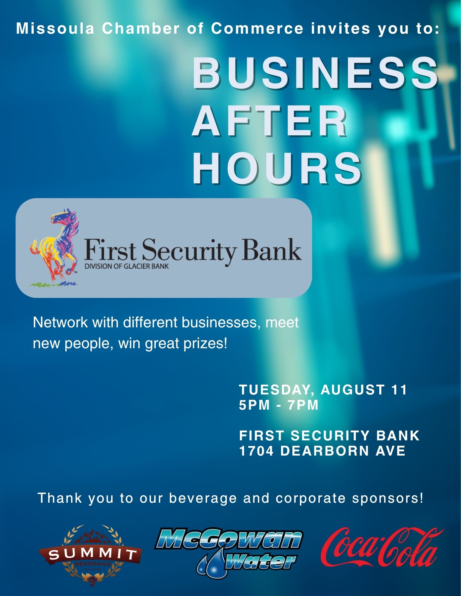A business after hours flyer hosted at the First Security Bank in Missoula.