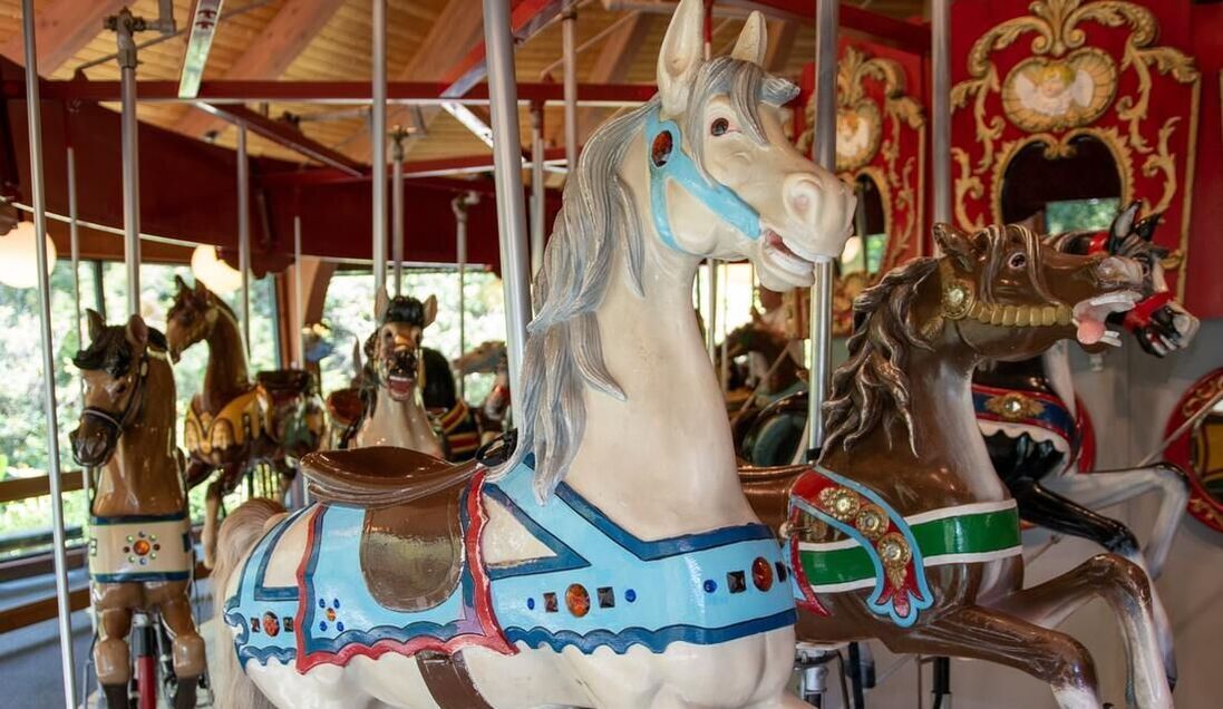 A carousel with horses on it and a white horse in the middle.