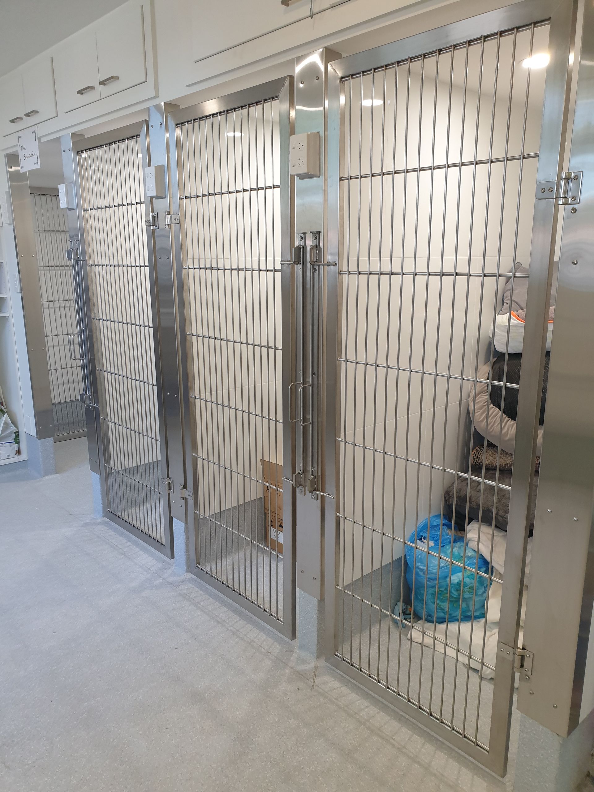 A stainless steel cage with a blue bag in it