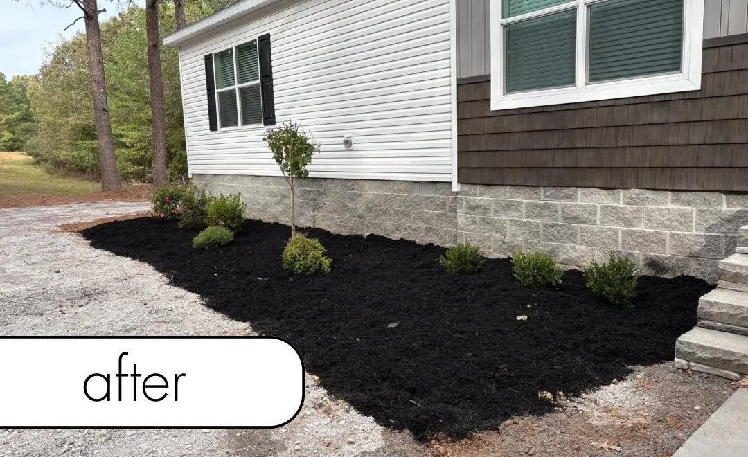 New landscaping with black mulch along the house foundation and gravel driveway, labeled “after”
