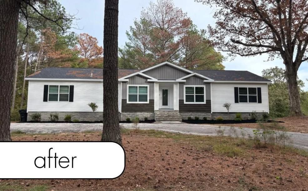 Before-and-after split view of a white house exterior with new front porch and gray trim