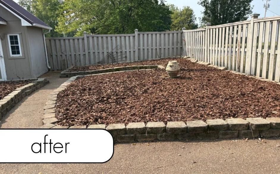 Backyard with freshly spread brown mulch and a small tree in a fenced corner, after landscaping
