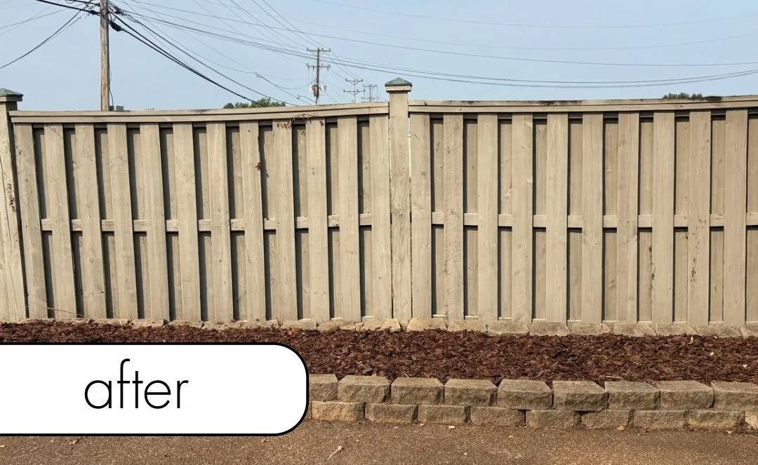 Beige vertical-slat fence along a dirt strip, with an “after” label in the lower left.