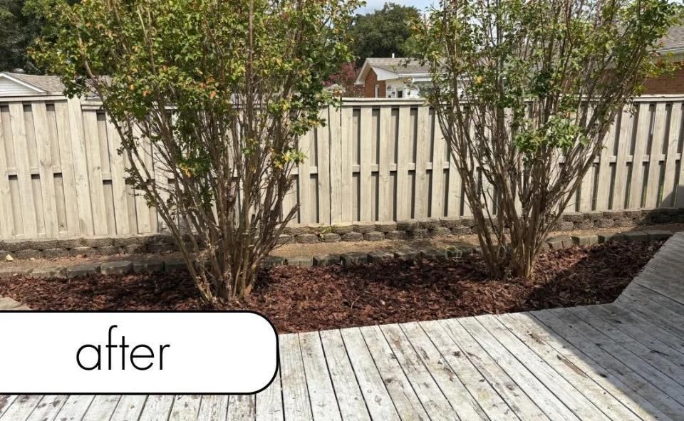 Backyard fence line with shrubs and wood deck, labeled “after”