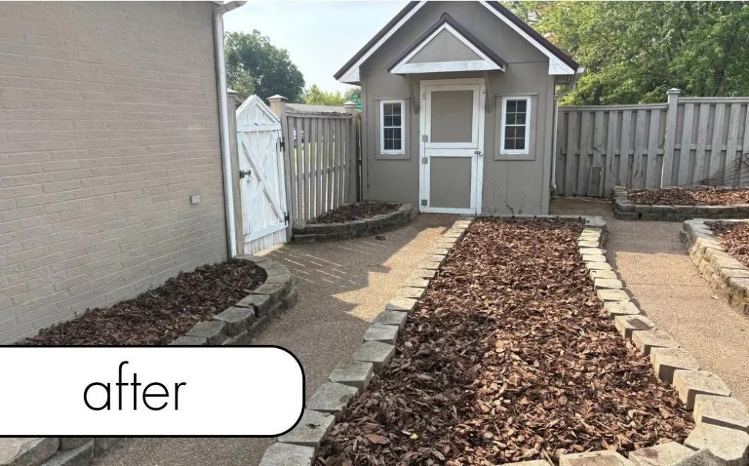 Backyard path with brown leaf mulch leading to a small gray shed and fenced yard, labeled “after”