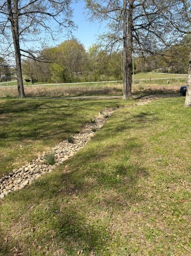 Grassy yard with a shallow rocky drainage ditch, leafless trees, and a field beyond