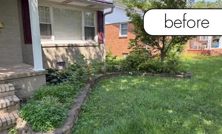 Front yard lawn with curved stone border beside a house, labeled “before”