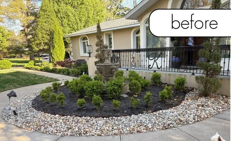 Front yard landscaping with mulch, rocks, and shrubs beside a house porch; labeled “before”