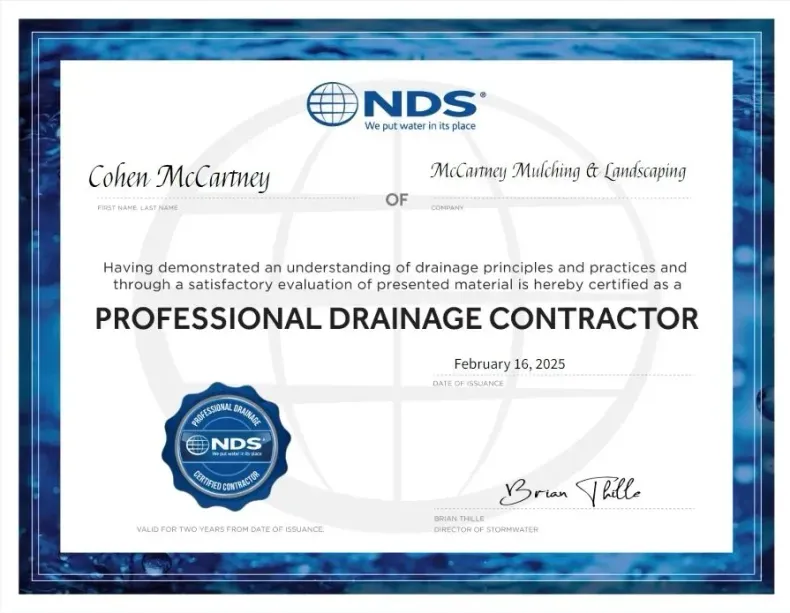 NDS Professional Drainage Contractor certificate with blue border and signatures