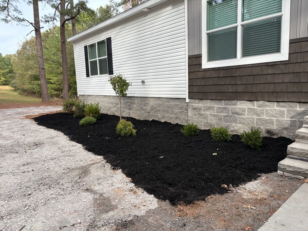 Front yard landscaping bed with black mulch beside a house’s stone and siding exterior