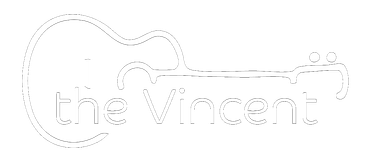 Logo for "The Vincent" with a guitar silhouette, in white.