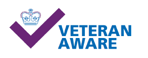 A logo for veteran aware with a check mark and a crown