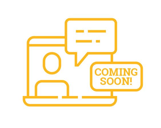 An icon of a laptop with a speech bubble that says `` coming soon ''.