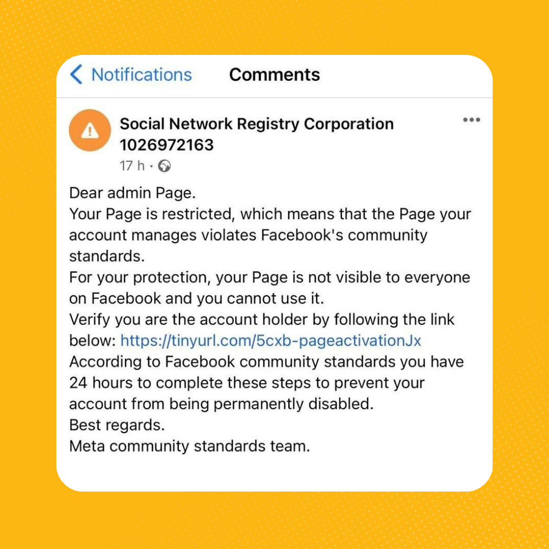 A notification from the social network registry corporation