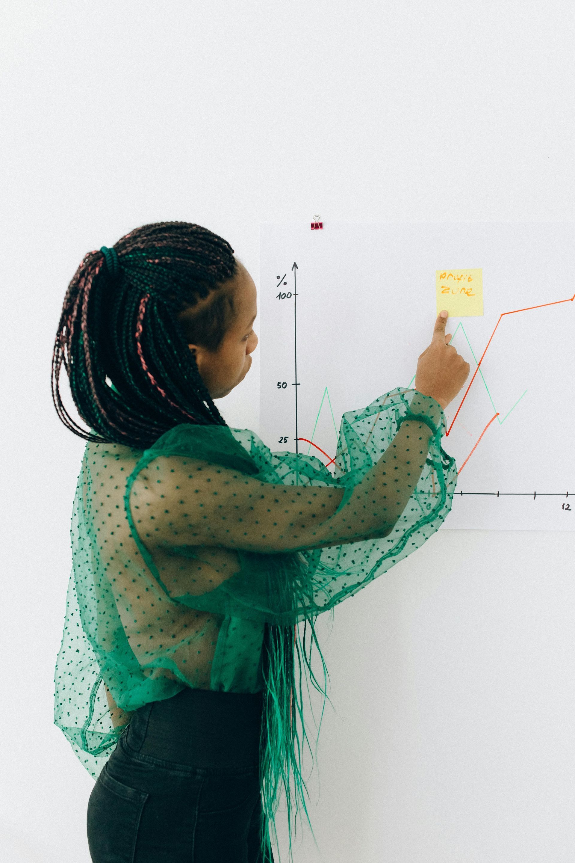Woman in green shirt points to a sticky note on a chart.