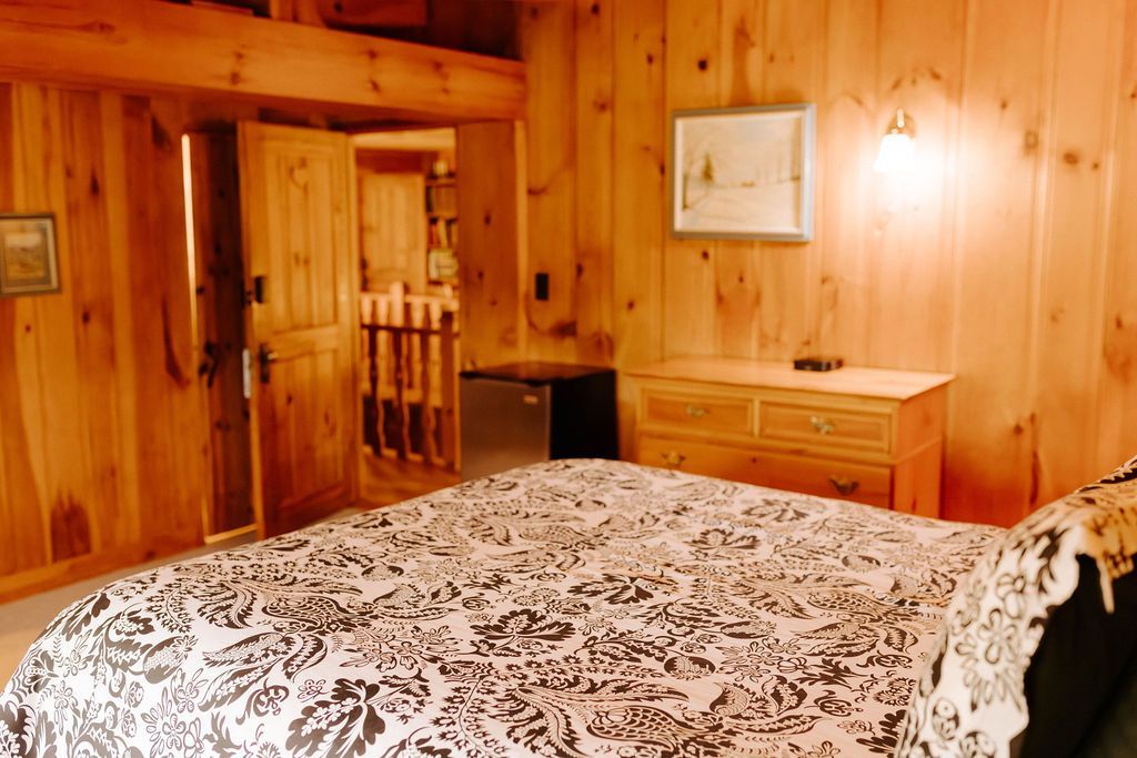 Cozy wood-paneled bedroom with a bed, dresser, mirror, and lamp