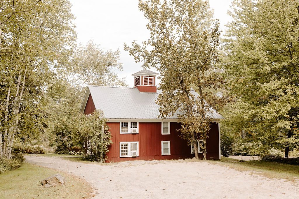 Red house with white roof in a wooded yard, surrounded by tall trees and a gravel drive