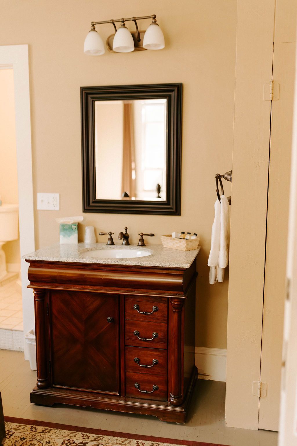 Bathroom vanity with dark wood cabinet, white sink, mirror, and wall sconce lighting