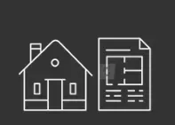 A line drawing of a house and a piece of paper on a black background.