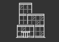 A white line drawing of a building with lots of windows on a black background.