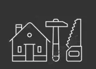 A line drawing of a house , hammer , saw , and tape measure.