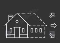 A line drawing of a house with arrows pointing in different directions