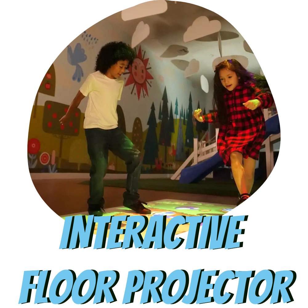A boy and a girl are playing with an interactive floor projector