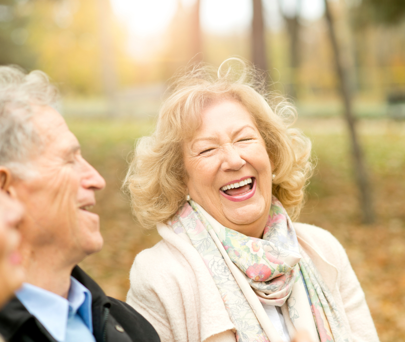 A group of elderly people are laughing together in a park.