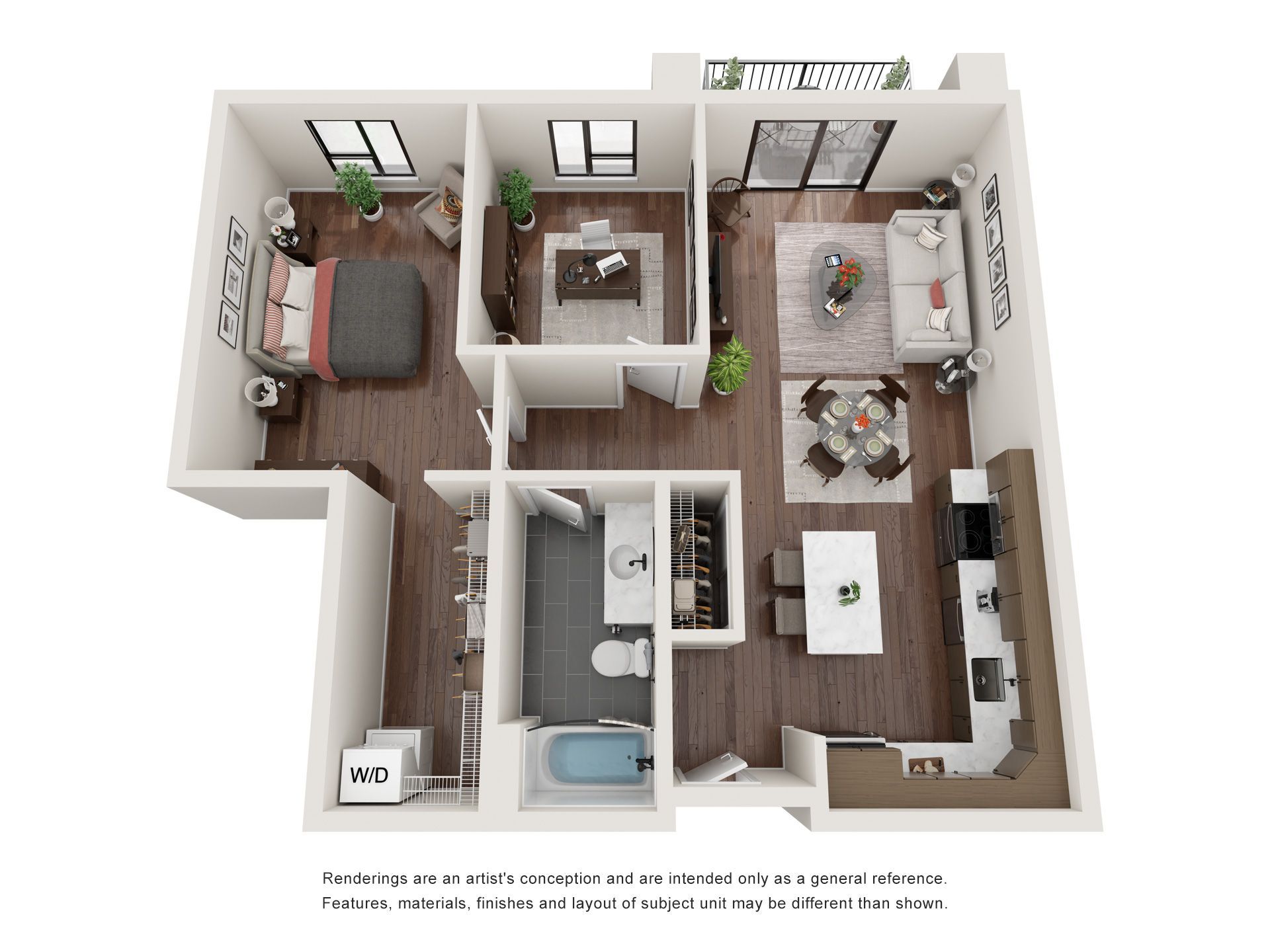 A 3d floor plan of a house with a bedroom , living room , and bathroom.