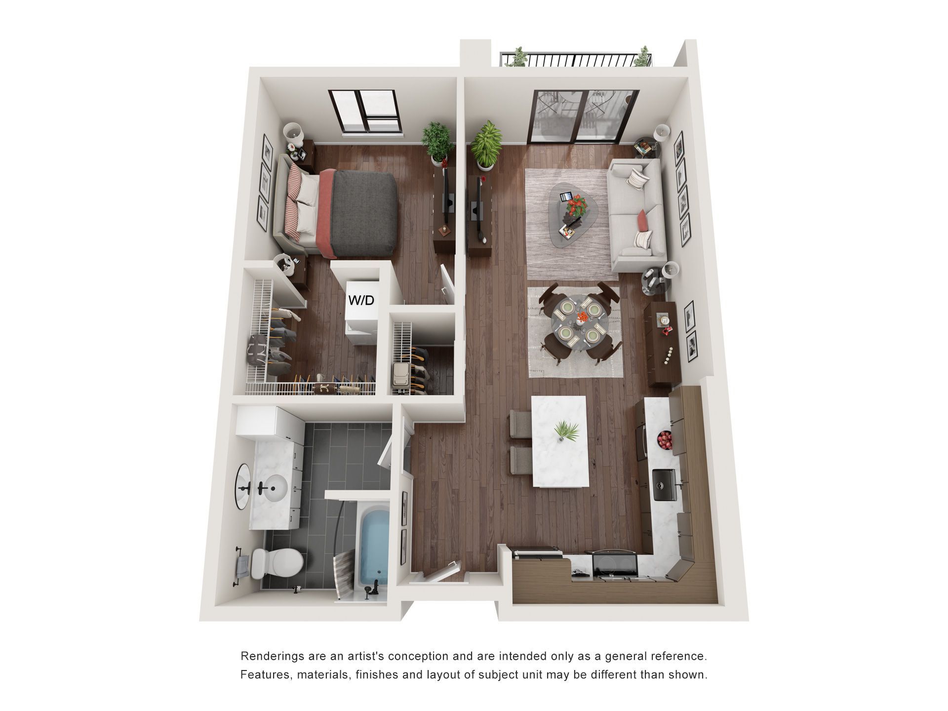 A 3d floor plan of a house with a bedroom , living room , dining room , and bathroom.