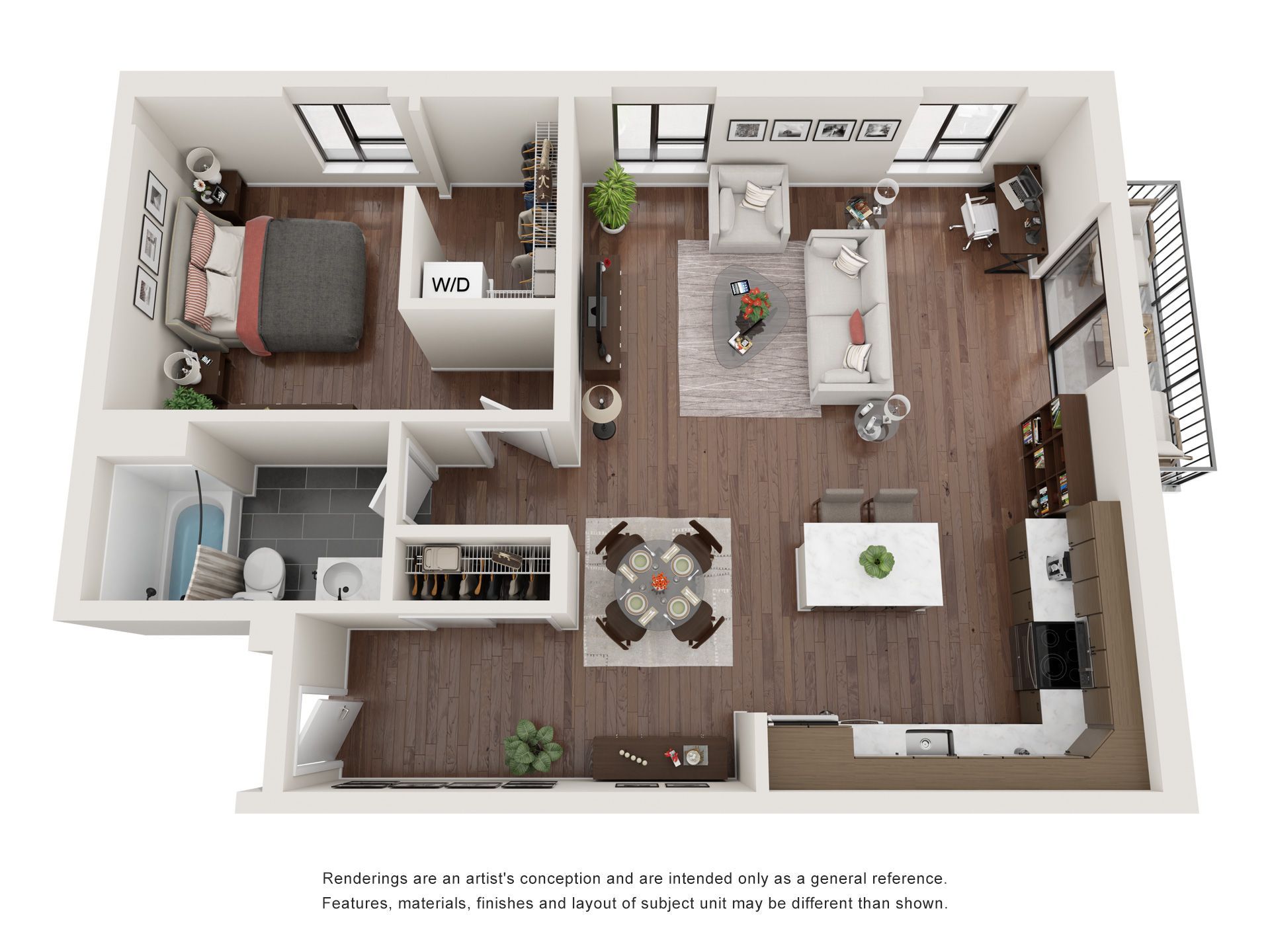 A 3d floor plan of a house with a bedroom , living room , dining room , and kitchen.