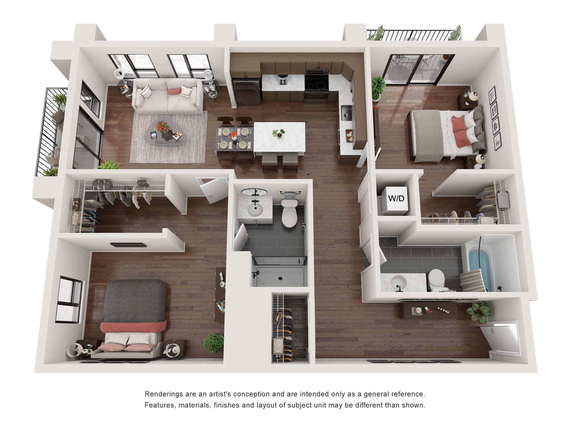 A 3d floor plan of a house with two bedrooms and a bathroom.
