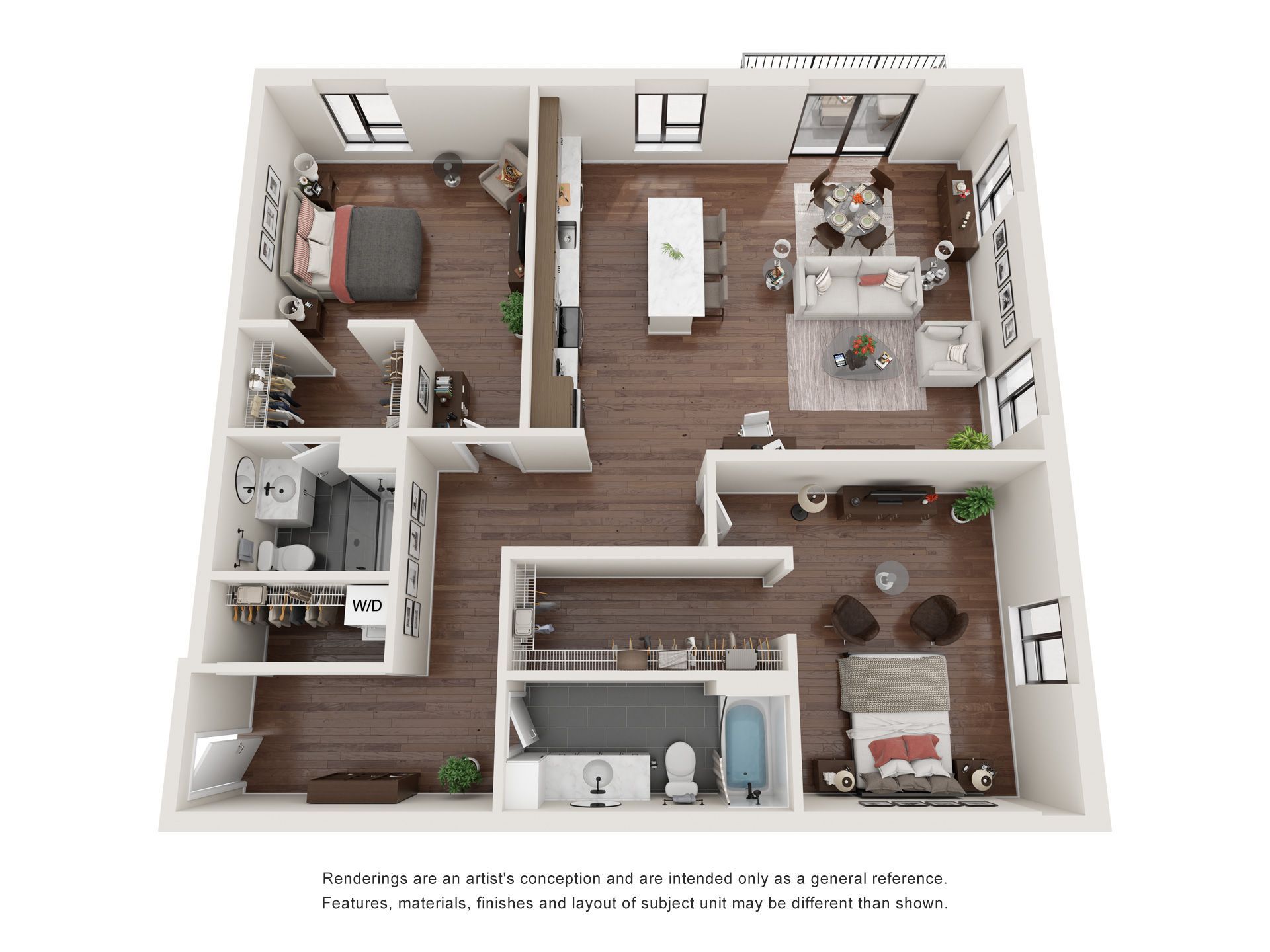 A 3d floor plan of a house with a bedroom , living room , dining room , and bathroom.
