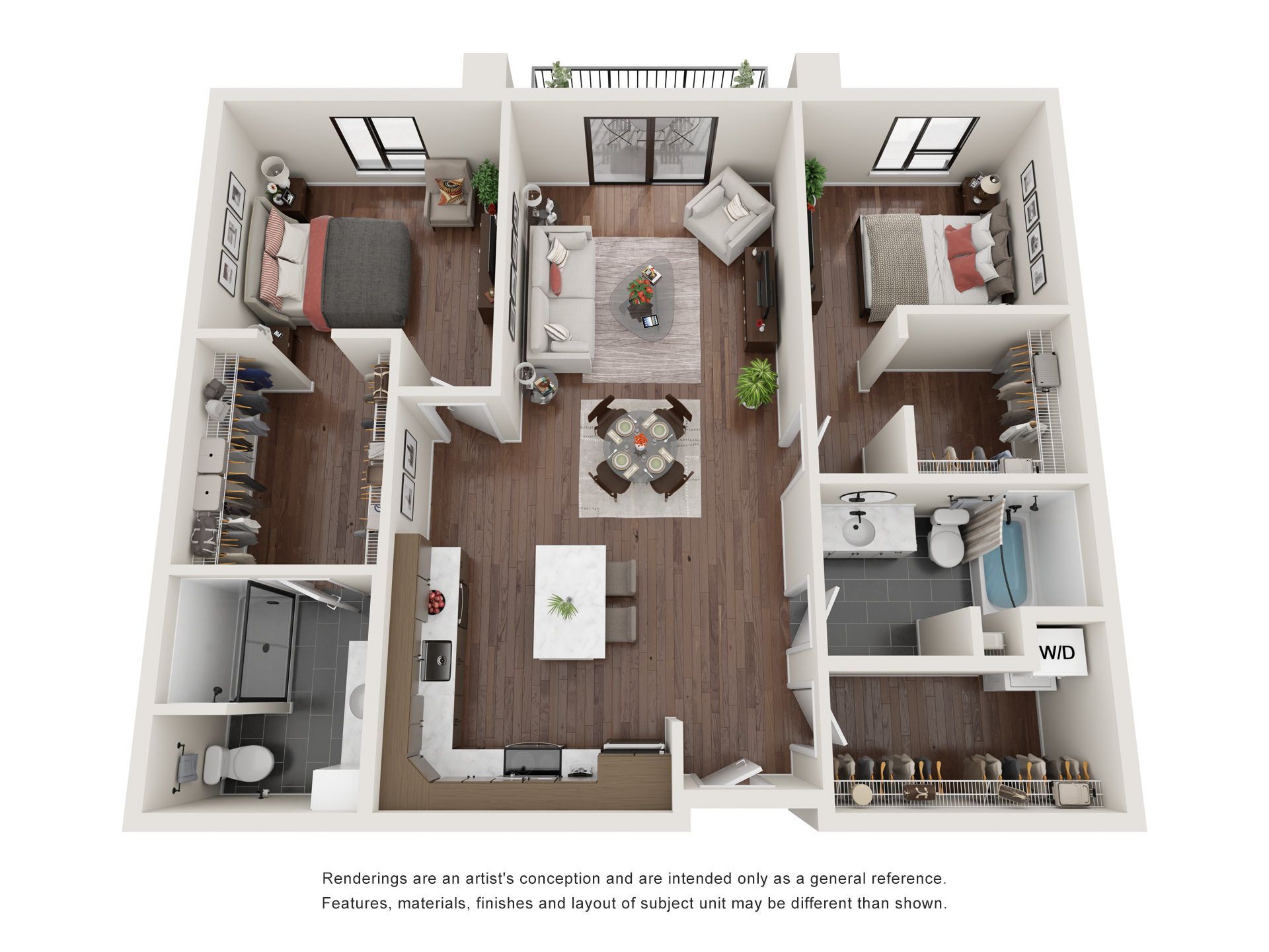 A 3d floor plan of a house with two bedrooms and a bathroom.