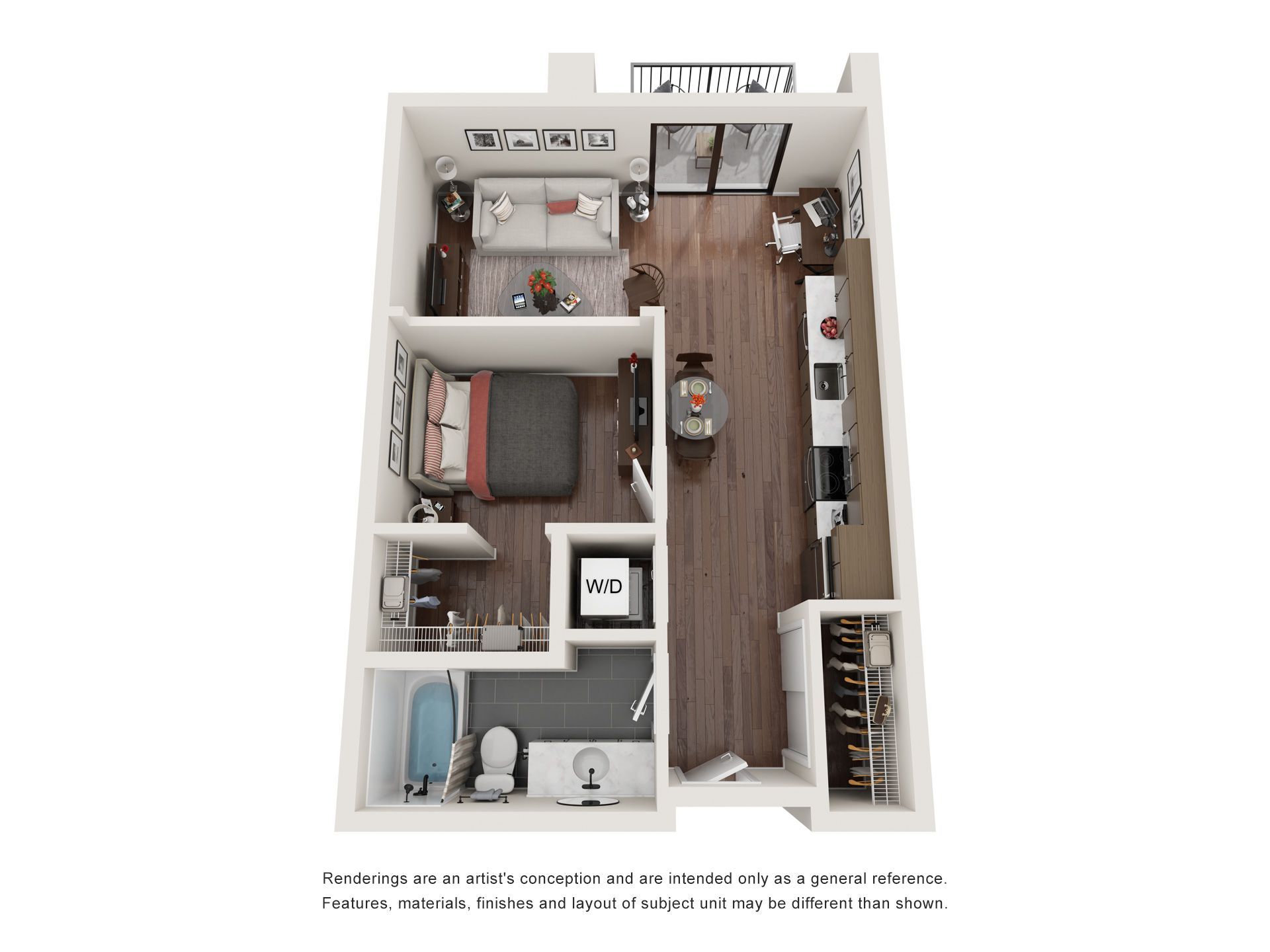 A 3d floor plan of a small apartment with a bedroom , living room , and kitchen.