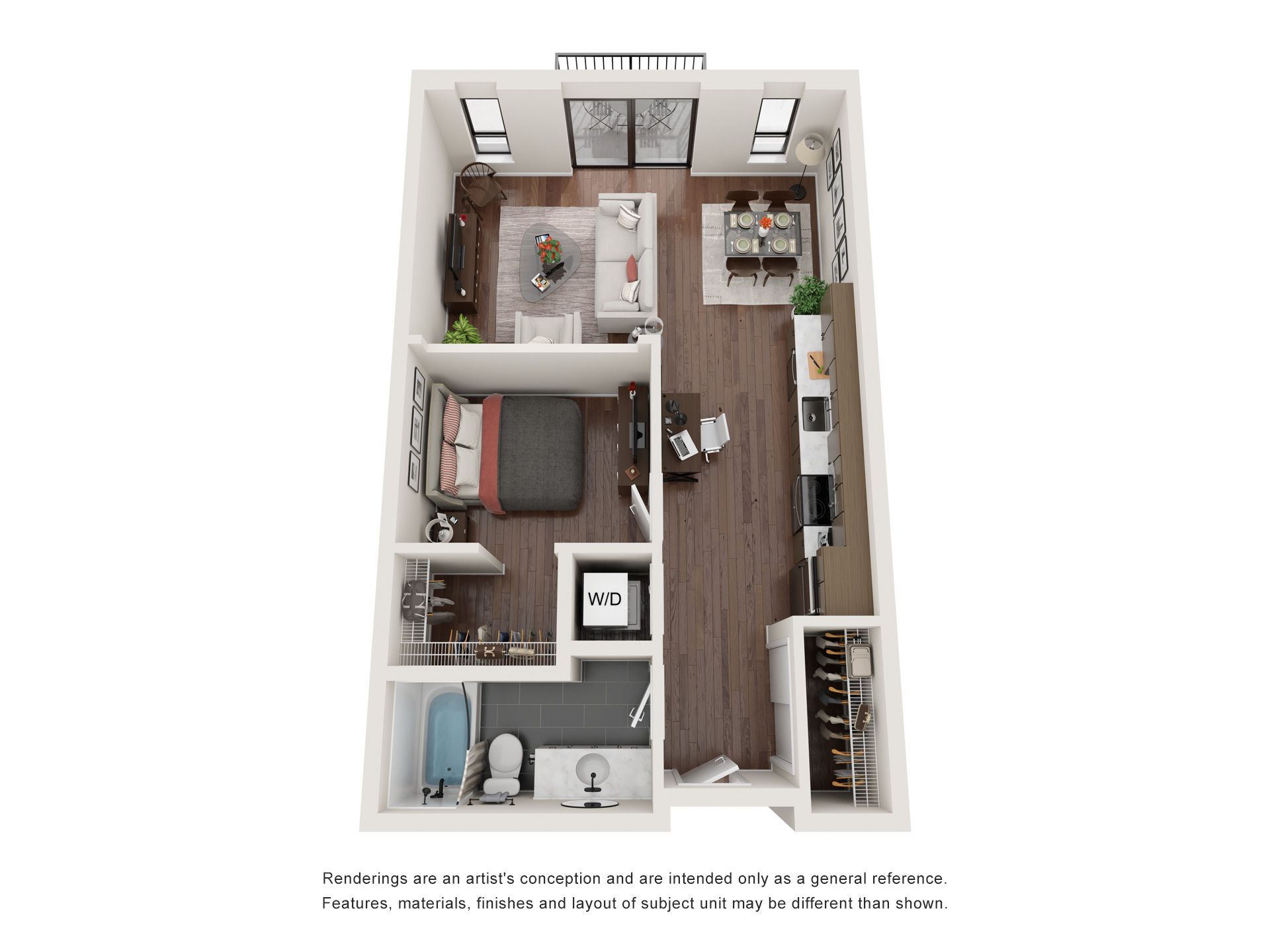 A 3d floor plan of a small apartment with a bedroom , living room , dining room , and bathroom.