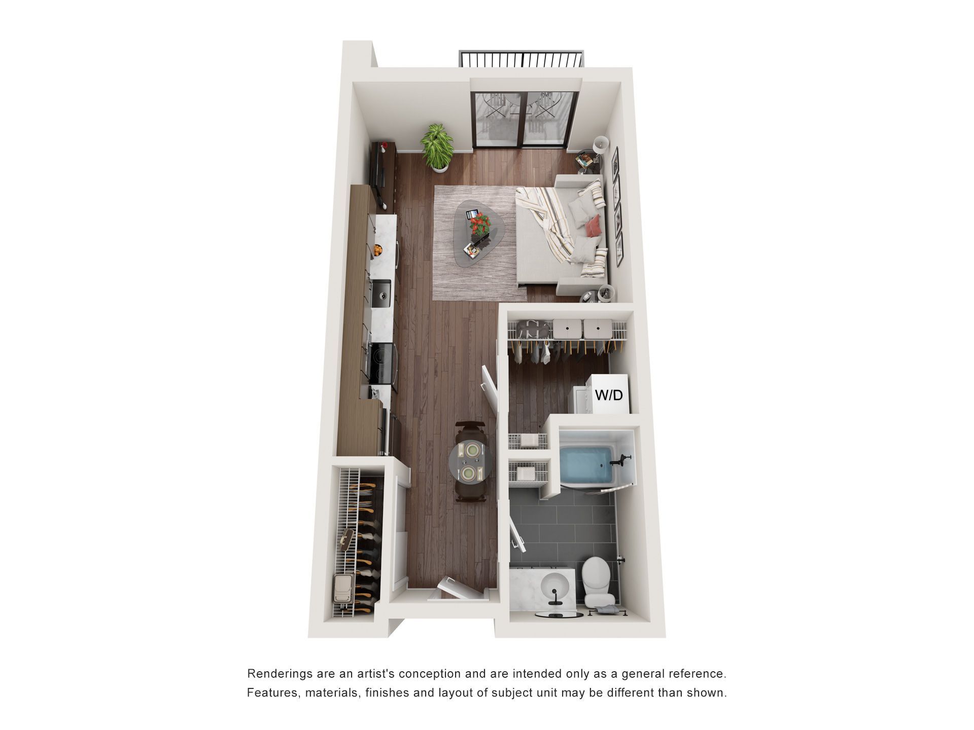A 3d floor plan of a small apartment with a bedroom , living room , and bathroom.