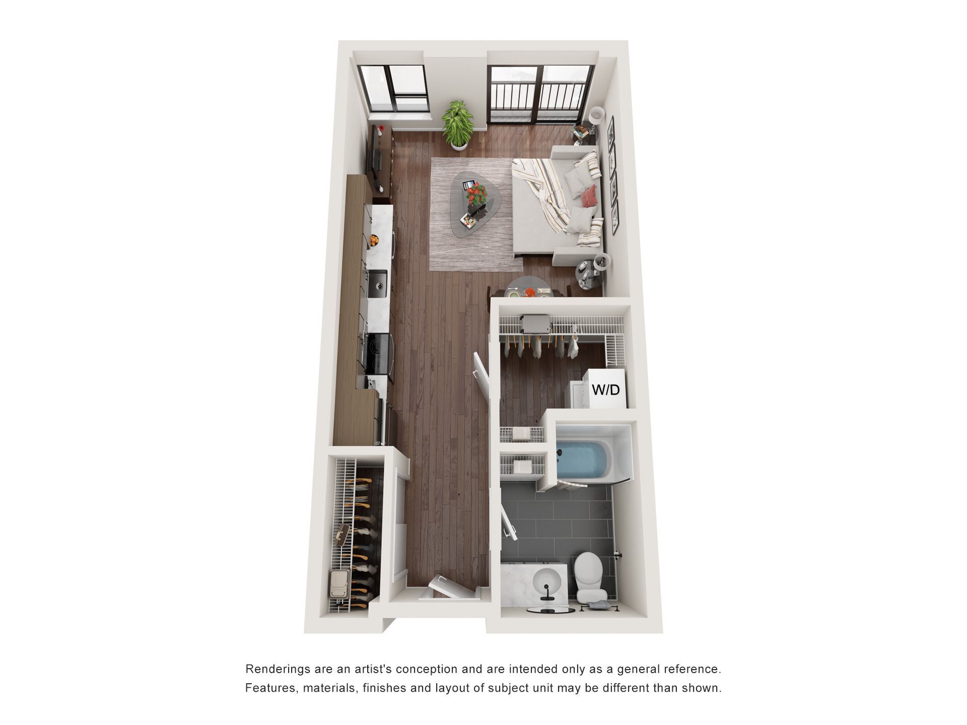 A 3d floor plan of a small apartment with a bedroom , living room , and bathroom.