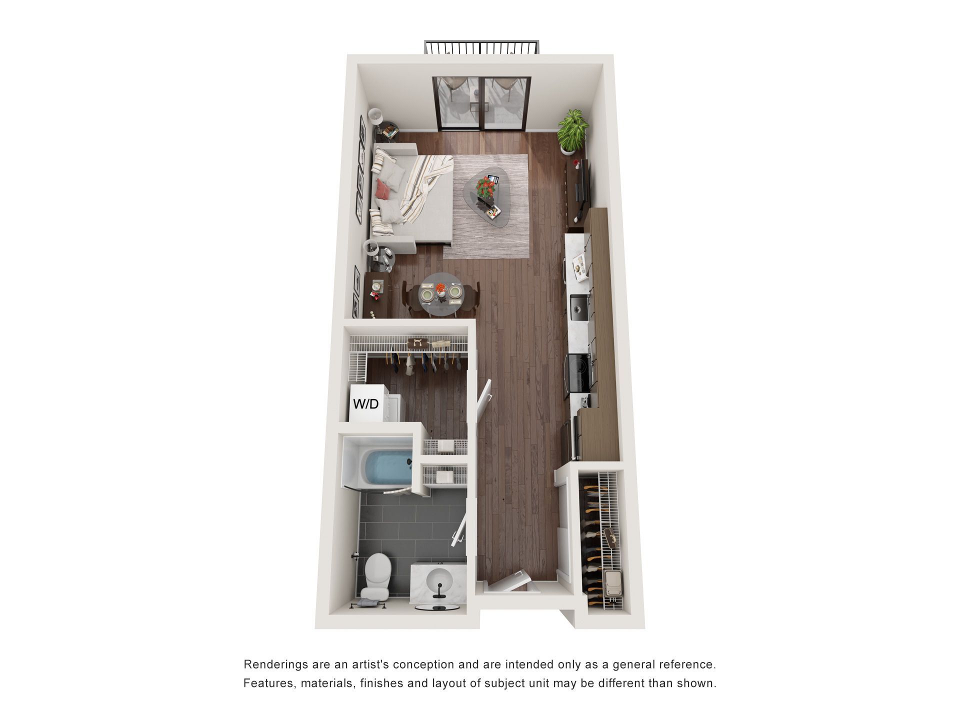 It is a 3d floor plan of a small apartment.