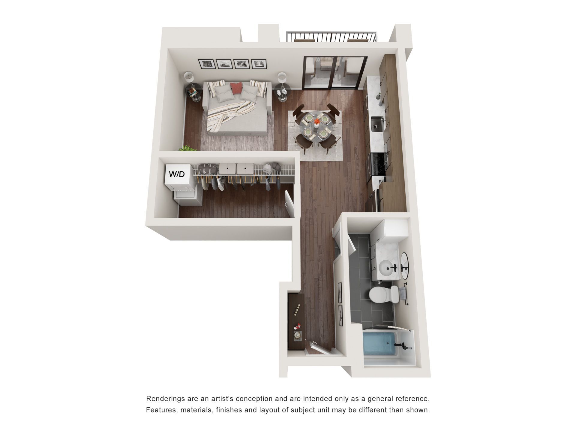 A 3d floor plan of a small apartment with a bedroom , living room , kitchen and bathroom.
